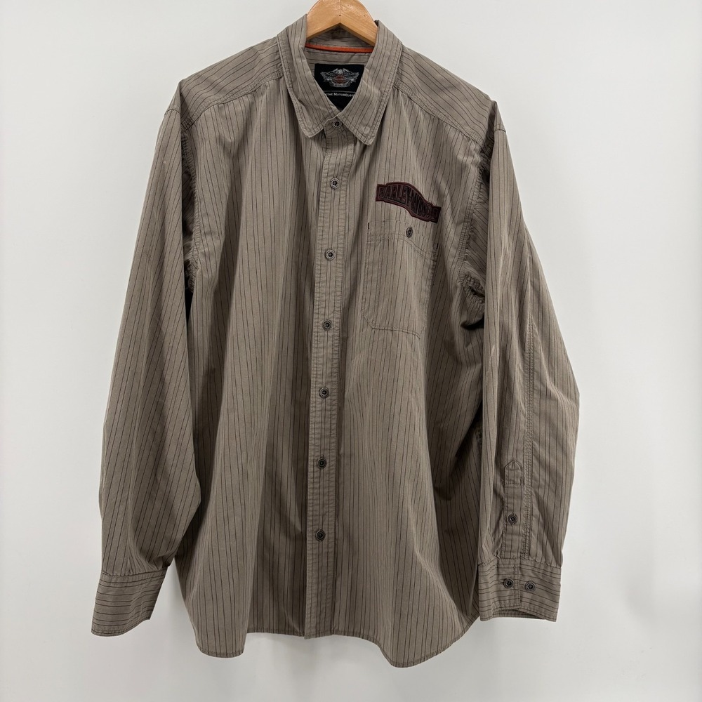 Harley-Davidson Mens 2XL Brown Striped Performance Button Up Shirt Long Sleeve